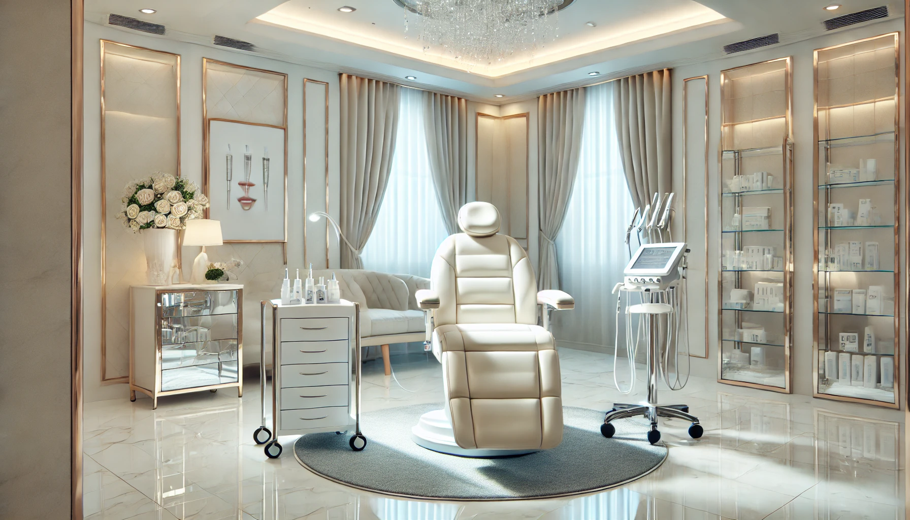 DALL·E 2025-01-08 16.00.27 - A modern and luxurious aesthetic clinic interior. The setting is clean, bright, and professional with a focus on facial treatments. A treatment chair