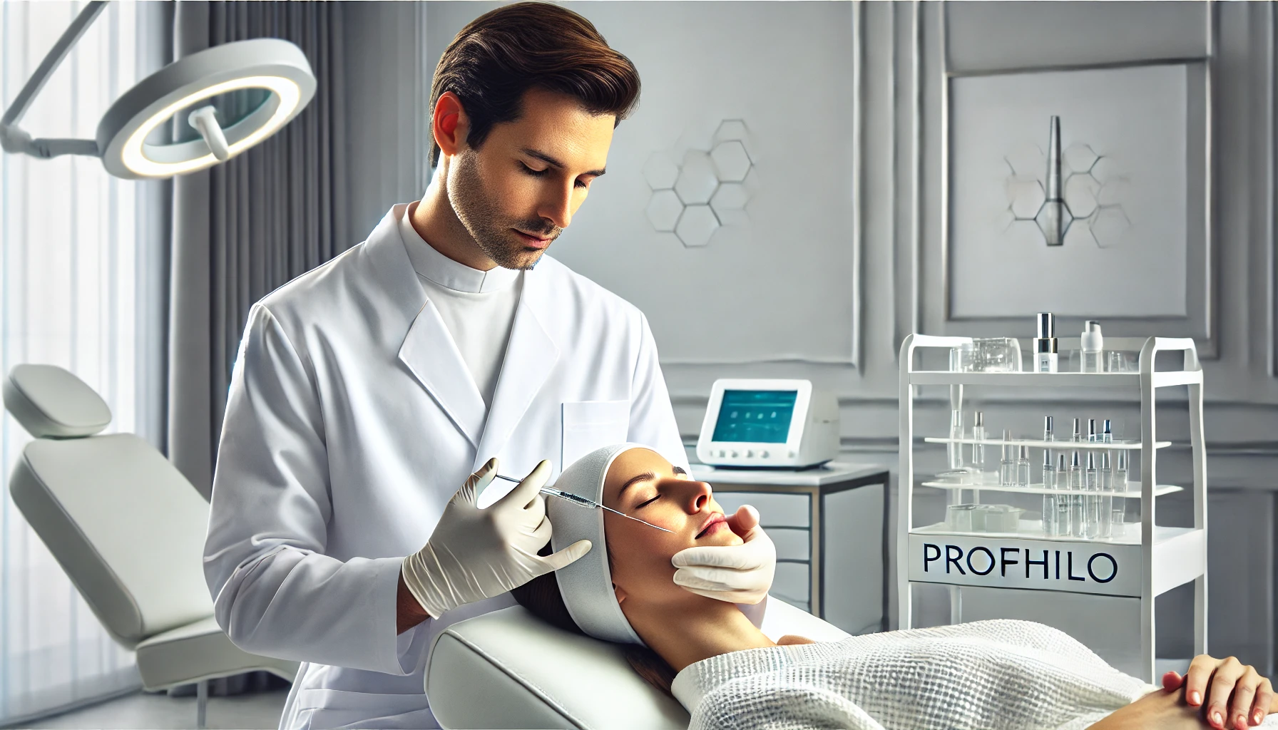 DALL·E 2025-01-09 14.56.53 - A professional aesthetic treatment scene in a luxurious clinic focusing on a Profhilo treatment session. A practitioner in a clean white uniform is ge