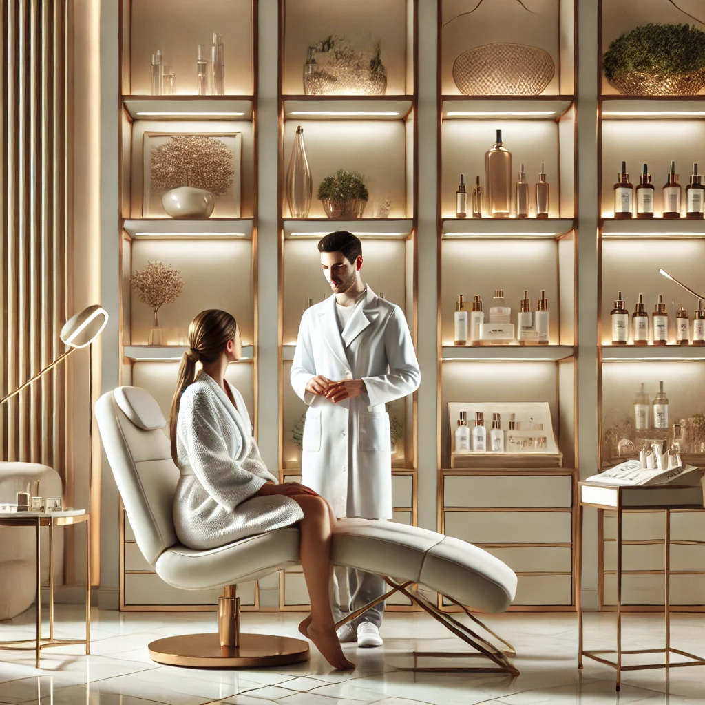 DALL·E 2025-03-03 22.01.59 - A modern and luxurious aesthetic clinic setting, featuring a serene and elegant interior with soft lighting, high-end skincare products displayed on s